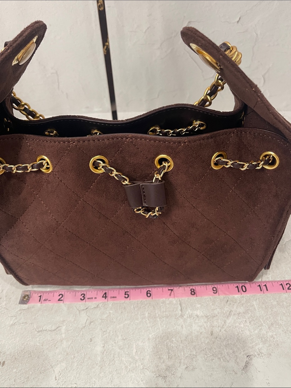 Quilted Drawstring Suede Shoulder Bag - Brown - Picture 5 of 7